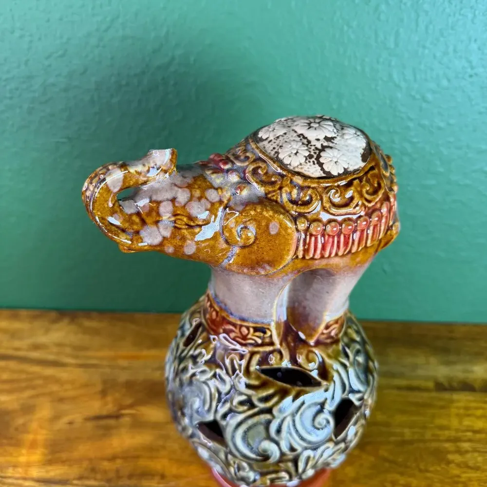 Vintage Elephant Figurine Satsuma Style Japanese Pottery Mini Statue.